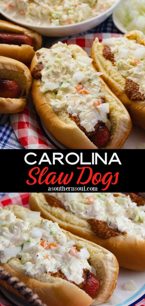 Carolina Slaw Dogs With Creamy Coleslaw Recipe Chili Slaw Dog, Coleslaw Hot Dog, Carolina Red Slaw Recipe, Slaw Dogs Coleslaw, Coleslaw For Hotdogs, Hot Dog Slaw Southern, Slaw Recipes For Hot Dogs, Slaw For Hot Dogs Coleslaw Recipes, Hot Dog Coleslaw