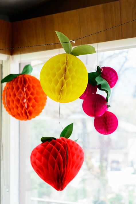 DIY Fruit tissue honeycomb balls for Cinco de Mayo - The House That Lars Built Fruit Party Decorations, Fruity Party, Deco Fruit, Fruit Diy, Paper Fruit, Fruit Crafts, Fruits Decoration, Hungry Caterpillar Party, Hungry Caterpillar Birthday