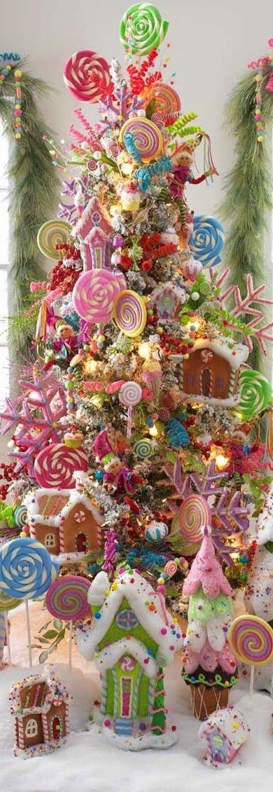 Whimsical Lollipop Christmas Tree filled with candy decor Candyland Christmas Decorations, Lollipop Christmas Tree, Lollipop Christmas, Diy Candyland, Candyland Christmas, Colorful Christmas, Whimsical Christmas, Colorful Christmas Tree, Christmas Tree Themes