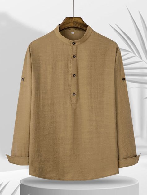 Coffee Brown Casual  Long Sleeve Viscose Plain Top  Non-Stretch Spring/Fall Men Tops Khadi Shirts Men, Half Button Shirt, Wedding Kurta, Wedding Kurta For Men, Men Shirts, Plain Tops, Coffee Brown, Men Tops, Casual Sets