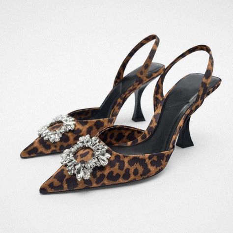 none Leopard Print Pumps, Women High Heels, Zara Heels, Animal Print Fabric, Embellished Heels, Satin Shoes, Zara Leather, High Heels Shoes, Slingback Shoes