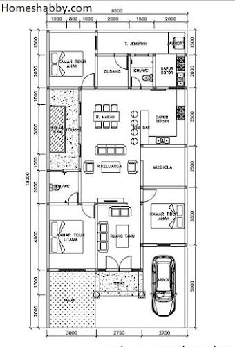 Desain dan Denah Rumah Ukuran 8.5 x 18 M Dengan 3 Kamar Tidur Memiliki Dapur Kotor Cocok Untuk Di Desa ~ Homeshabby.com : Design Home Plans, Home Decorating and Interior Design Minimalis House Design, Eksterior Modern, Modern Small House Design, House Floor Design, Building House Plans Designs, Building Plans House, Architectural Floor Plans, Architectural Design House Plans, House Plan Gallery