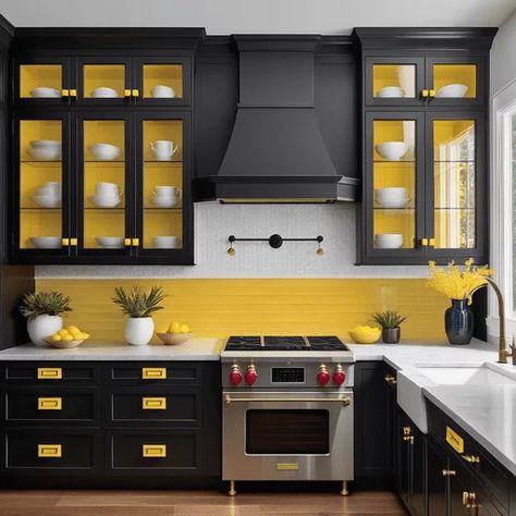 Yellow Kitchen Wall Black And Yellow Kitchen, Black And Grey Kitchen, Yellow Kitchen Walls, Yellow Kitchen Designs, Kitchen Color Yellow, Kitchen Wall Panels, Yellow Dining Room, Black Cabinet Hardware, Yellow Kitchen Decor