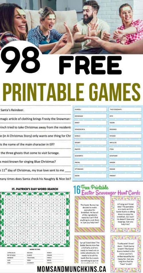 98 Free printable games. We have a variety of free printable games like charades, scavenger hunts, word scrambles, word searches, trivia games and more. Make your next party a success with these free printable games. #freeprintablegames #printables Senior Games, Printable Games For Kids, Printable Board Games, Free Printable Games, Senior Activities, Family Fun Night, Scavenger Hunts, Family Fun Games, Paper Games