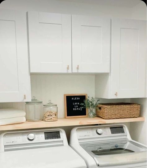 Cabinets Above Washer And Dryer Laundry Room, Garage Laundry Ideas, Above Washer And Dryer Storage, Laundry Room Shelf Over Washer And Dryer, Laundry Detergent Storage Ideas, Cabinets Over Washer And Dryer, Laundry Room With Top Loader Ideas, Cabinets Above Washer And Dryer, Top Loader Laundry Room Small Spaces