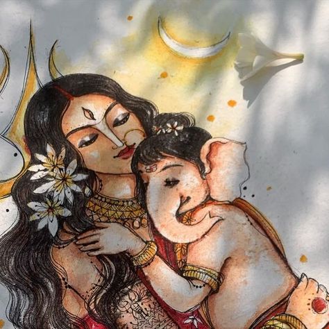 Mata Gauri with Baby Ganesha. Wanted to portray the sweet bond  that exists between mother and child. Paper Ganesha, Maa Gauri, Huge Canvas Painting Ideas, Lord Painting, Ganesh Drawing, Ganesh Painting, Durga Mata, Ganesh Lord, Ganesh Art Paintings