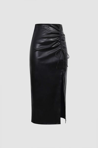 Full Leather Outfit, Ruched Midi Skirt, Elegante Casual, Skirts Online, List Style, Leather Wraps, Sheer Fabrics, Black Faux Leather, Black Green