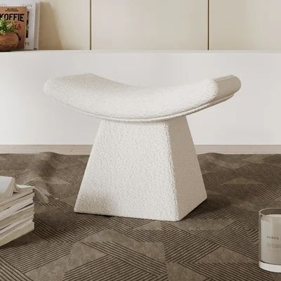 Sitting Stools Living Rooms, Unique Ottoman Ideas, Side Table Japandi, Stool Chair Design, White Ottomans, Entryway Stool, Boucle Stool, Unique Ottoman, Sitting Stool