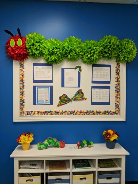 The Hungry Caterpillar Display, Eric Carle Caterpillar Craft, Very Hungry Caterpillar Bulletin Board Classroom Displays, The Hungry Caterpillar Classroom Decor, The Very Hungry Caterpillar Classroom Theme, Hungry Caterpillar Display Board, Hungry Caterpillar Birthday Board, Caterpillar Decorations For Classroom, Eric Carle Party Decorations