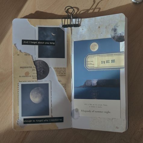 Aesthetic Journal Stickers Vintage, Vintage Aesthetic Journal Page, Sky Journal Aesthetic, Aesthetic Photo Journal Ideas, Scrapbook Moon Theme, Sky Journal Ideas, Moon Polaroid Aesthetic, Moon Journal Aesthetic, Moon Aesthetic Journal