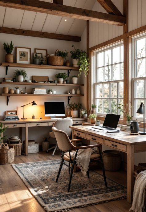 Barndominium Interior Ideas Country Farmhouse Office Ideas, Country Home Office Ideas, Barndominium Decor, Rustic Workspace, Couples Office, Barndominium Interior Ideas, Office Oasis, Home Office Wood, Wooden Desks