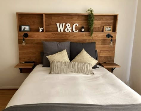 Headboard Storage Ideas Wood, Bedroom Headboard Shelves, Headboard With Table, Bed Frame With Shelves Headboards, Beds With Shelves Headboards, Headboard With Built In Shelves, Bedhead With Shelves, Head Boards With Shelves, Custom Made Headboards