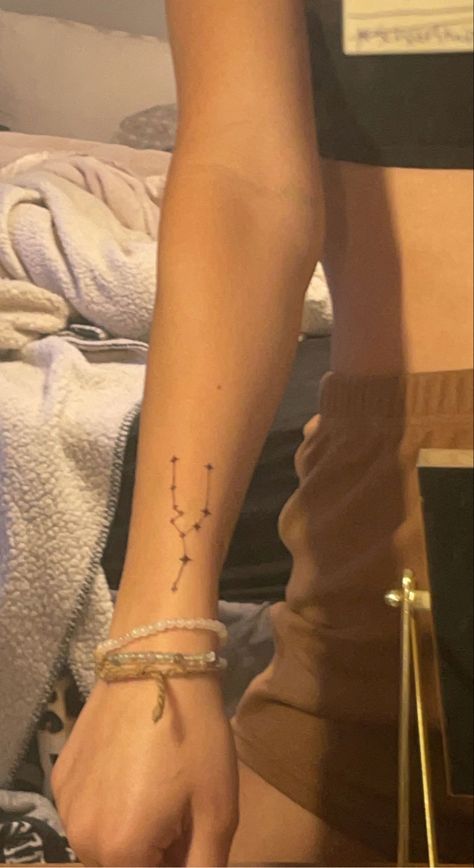 dainty, tattoo, ideas, inspo, small, constellation, hippie, stars, zodiac, aesthetic Wrist Constellation Tattoo, Pretty Taurus Tattoo, Taurus Tattoo Star Constellation, Taurus Arm Tattoo, Constellation Arm Tattoo, Cool Taurus Tattoos, Constellation Taurus Tattoo, Taurus Wrist Tattoo, Taurus Tattoo Aesthetic