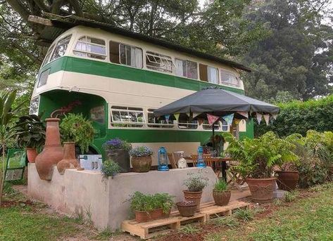 The Brandy Bus in Nairobi, Kenya Living In A Double Decker Bus, Converted Double Decker Bus, Double Decker Bus Home, Double Decker Bus Renovation, Double Decker Bus House, Double Decker Bus Conversion, Renovated Bus, Bus Restaurant, Bus Renovation