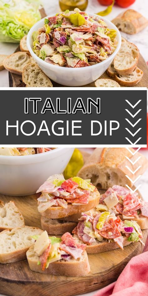 Italian Hoagie Dip tastes just like the original sandwich but this time the filling is served with baguette slices or your favorite crackers! via @familyfresh Philly Hoagie Dip, Recipes With Baquettes, Italian Hoagie Dip Recipe, Italian Sub Dip Recipe, Antipasto Sandwiches, Italian Sub Dip, Antipasto Dip, Italian Hoagie Salad, Hoagie Salad