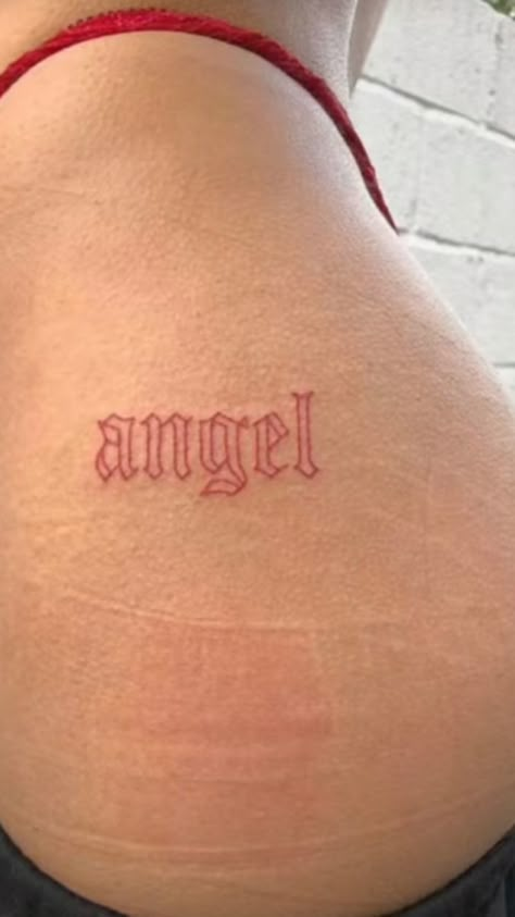 Angel Red Tattoo, Red Cursive Tattoo, Word Angel Tattoo, Red Angel Tattoo, Angel Word Tattoo, Angel Name Tattoo, Old English Tattoo, Fun Tattoos, Cursive Tattoos