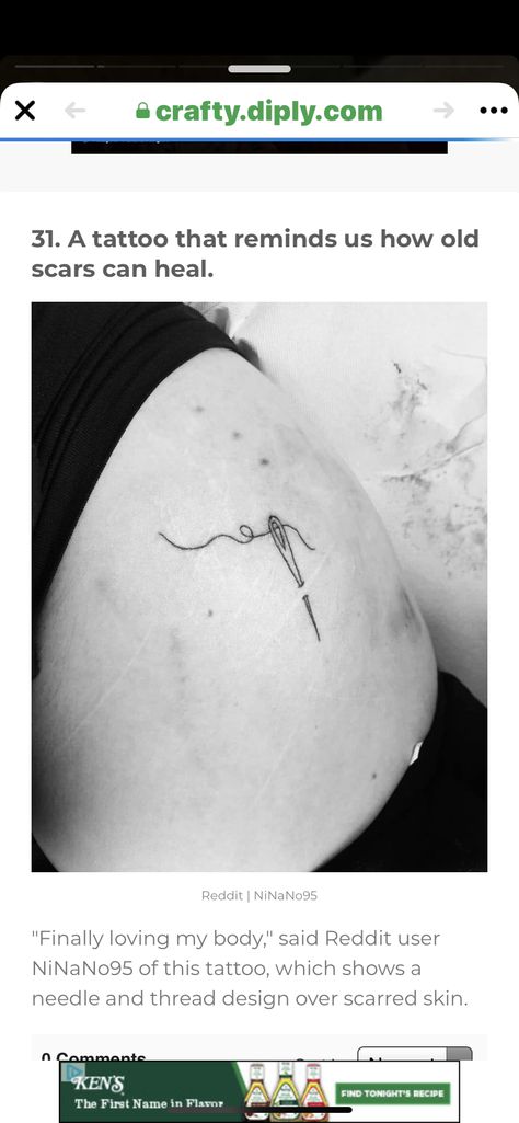 Needle And Thread Tattoo Scar, Needle And Thread Tattoo, Thread Tattoo, Tattoo Scar, Tattoo Over Scar, Love My Body, Needle And Thread, Jesus Fish Tattoo, Old Things