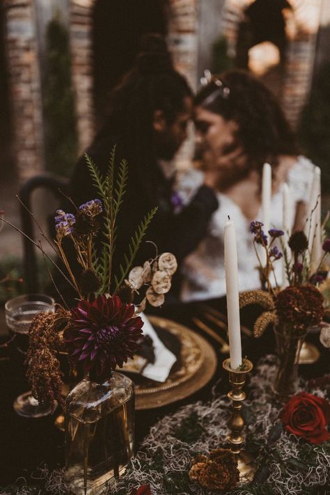 Enchanted Gothic Wedding, Goth Sweetheart Table, Dark And Moody Wedding Ceremony Decor, Gothic Wedding Reception Decor, Dark Rustic Wedding Decor, Moody Art Deco Wedding, Dark Fall Wedding Centerpieces, Moody Romantic Wedding Photography, Gothic Chic Wedding