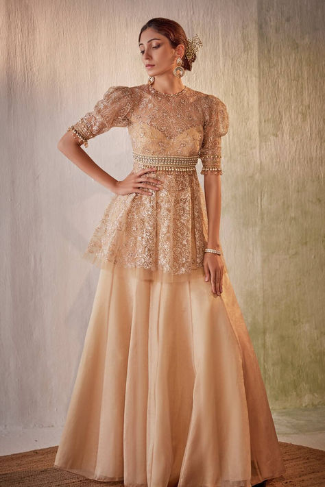 Beige tulle peplum top sharara set from designer sharara dress collection Top Sharara Set, Organza Sharara, Sharara Designs, Pakistan Dress, Wedding Lehenga Designs, Traditional Indian Outfits, Trendy Dress Outfits, Designer Lehenga, Sharara Set