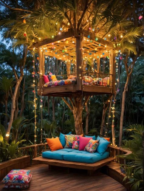 Jungle Patio Decor, Garden Cafe Ideas Outdoor, Backyard Building Ideas, Gazebo Tropical, Tiki Gazebo, Magical Backyard Ideas, Tiki Hut Backyard, Tiki Patio Ideas, Beach Backyard Ideas