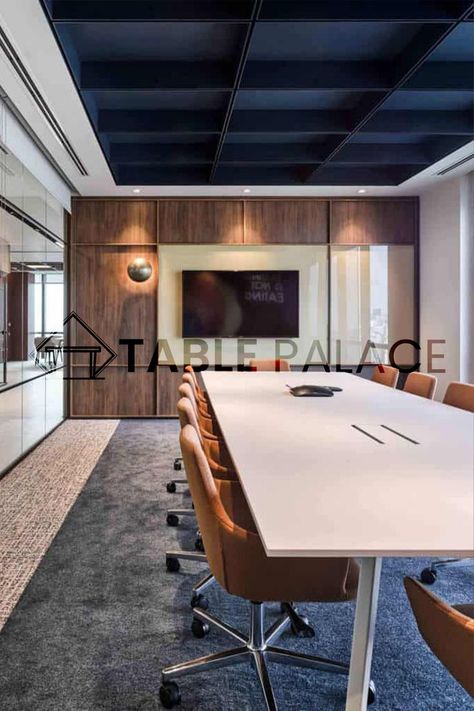 Blue Ceiling, Ceo Office, Law Office Decor, Meeting Room Design, Office Tables, Office Meeting Room, Boardroom Table, Table Makeover, French Interior