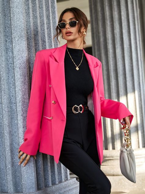 Hot Pink Casual Collar Long Sleeve Fabric Plain Regular Embellished Non-Stretch Spring/Fall Women Suits Pink Woman Suit, Mauve Blazer Outfits For Women, Long Pink Blazer Outfit, Hot Pink Business Outfit, Barbie Pink Blazer Outfit, Styling A Pink Blazer, Hot Pink Suits Women, Black And Hot Pink Outfits, Pink Blazer Photoshoot