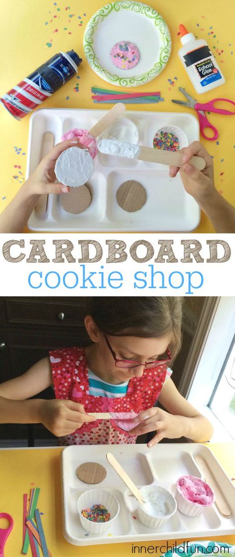 Cardboard Cookie Shop! Pre K Baking Activities, Cardboard Crafts For Kindergarten, Cookies Crafts For Preschool, Cardboard Cookies Craft, Cookie Craft For Preschool, Gingerbread Sensory Bin Preschool, Cookies Week Activities Preschool, Cardboard Cookie Craft, Preschool Cookie Craft