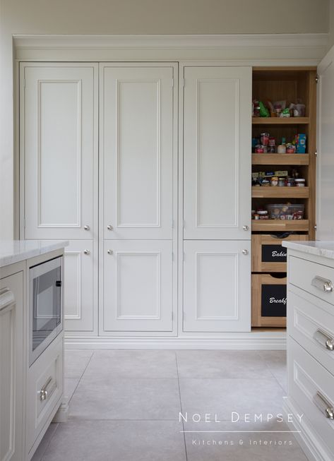 Custom Pantry Interior Shaker Style Cupboard Doors, Wall Of Pantry Cabinets In Kitchen, Pantry Hardware, Wall Pantry Ideas, Mudroom Pantry, Pantry Interior, Floor To Ceiling Cabinets, Built In Pantry, Custom Pantry