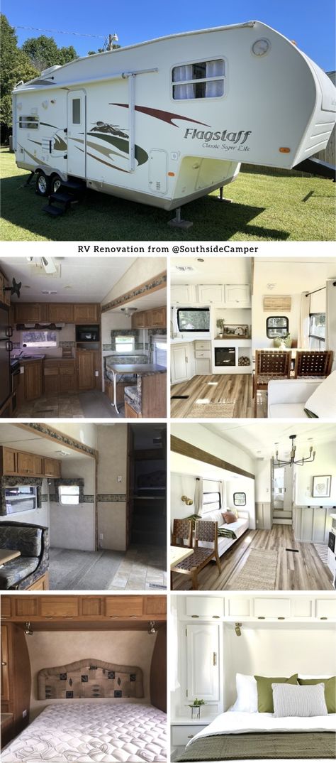 You\'ll want to make this renovated fifth wheel your adventure home (and you can!) Rv Remodel Fifth Wheel, Remodel Fifth Wheel Rv Interior, Forest River Sierra Fifth Wheel Remodel, Remodeling A Fifth Wheel Camper, Remodeled Fifth Wheel Camper, Small Fifth Wheel Remodel, Fifth Wheel Makeover, Rv Fifth Wheel Makeover, Old Fifth Wheel Remodel