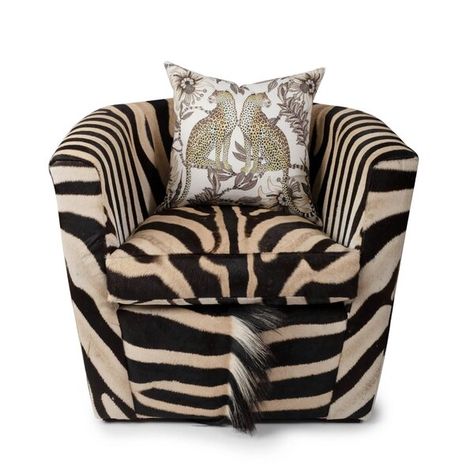 Genuine zebra hide creates an occasional chair sure to make a statement. Each chair requires two full hides to upholster and manufacture making every chair one-of-a-kind. Due to the use of natural materials, each piece is unique and may vary slightly from the image shown. Zebra Hide, Settee Sofa, Occasional Chair, Throw Pillows Bed, Barrel Chair, Leather Armchair, Dream House Decor, Custom Upholstery, Dining Room Lighting