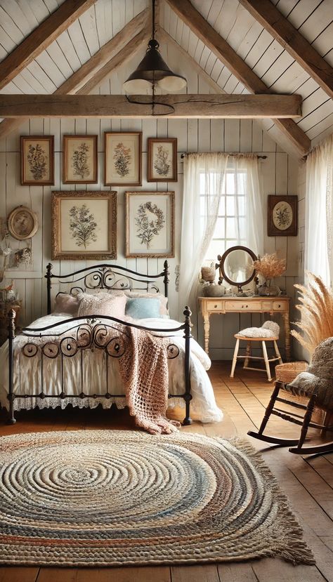 🌾 21 Dreamy Farmhouse Bedroom Decorating Ideas You Can't Resist! 🌾 White Iron Bed Frame Bedroom, Wrought Iron Bedroom Ideas, Wrought Iron Bed Frame, Sheer White Curtains, Cottage Bedroom Decor, Country Cottage Bedroom, Cottage Bedrooms, Cozy Attic, Wooden Rocking Chair