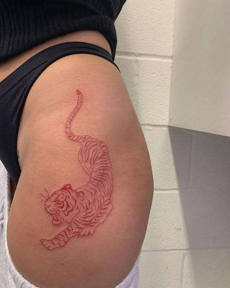 Red Tiger Tattoo For Women, Tiger Red Tattoo, Red Bee Tattoo, Year Of The Tiger Tattoo For Women, Tiger Tattoo Ribs, Red Rib Tattoo, Tiger Rib Tattoo, Red Lion Tattoo, Red Tiger Tattoo