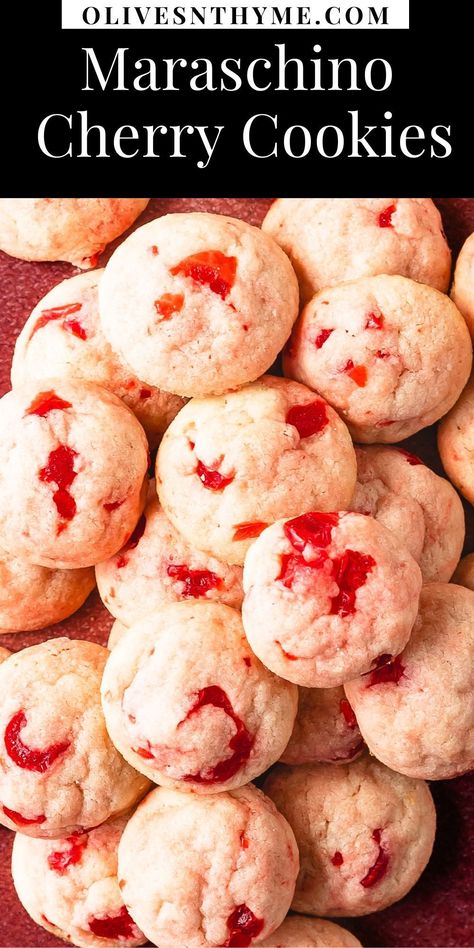 Cherry cookies are soft and buttery shortbread style drop cookies filled with maraschino cherries and sweet almond flavor. These pretty pink maraschino cherry cookies are the perfect quick and easy cherry sugar cookie recipe for any occasion. Cherry Filled Cookies, Marishino Cherry Cookies, Maraschino Cookies, Marchino Cherry Cookies, Frozen Cherries Recipes, Maraschino Cherry Recipes, Cherry Mash Candy Recipe, Marmalade Cookies, Maraschino Cherry Shortbread Cookies