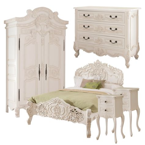 The Rococo Bedroom Set with wardrobe epitomizes antique French luxury. Made from fine mahogany wood and finished in elegant white, this set showcases exquisite, ornate details. This bedroom set transforms any space into a timeless sanctuary of sophistication and charm.    Rococo Bedside Table x2      Height: 74cm   Width: 38cm   Depth: 30cm      Rococo Chest of Drawers      Height: 83cm   Width: 100cm   Depth: 50cm      Rococo Wardrobe (Large)      Height: 226cm   Width: 137cm   Depth: 66cm      Rococo Bed (King)      Headboard Height: 150cm   Footboard Height: 65cm   Width: 178cm   Depth: 227cm   Under Bed Storage Height: 22cm      Please call our office for a custom bundle deal (01642 455589)       Design may alter, as each item is handmade   Rococo Antique French Bedside Table x2   Roco Modern Rococo Bedroom, Rococo Room Decor, Rococo Style Interior Design, White Antique Bedroom, Rococo Aesthetic Bedroom, French Rococo Bedroom, French Antique Bedroom, Elegant Beds, Rococo Bedside Table