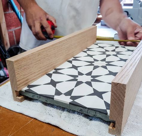 We had some leftover cement tile from our bathroom renovation, so we made a DIY tray with wood! Spoiler alert - it turns out SO cute!  #cementtile #kitchendecor #diyproject Scrap Tile Projects, What To Do With Leftover Tiles, Framing Tiles, Tile Art Projects, Kitchen Backsplash Mosaic, Ceramic Tile Crafts, Leftover Tile, Tile Tray, Backsplash Mosaic