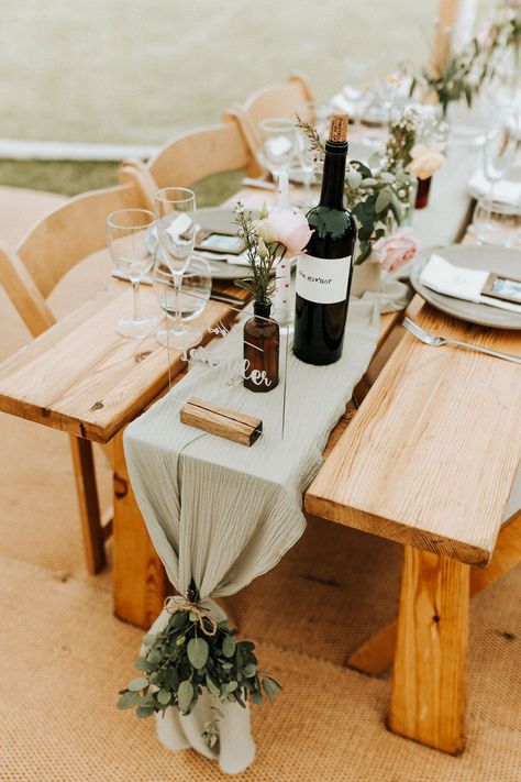 Sage Green Wedding Rustic Table Settings, Sage Green Wedding Table Runner, Sage Green Runner Wedding, Wooden Table Setting Ideas, Table Runner Wooden Table, Table Decor Sage Green, Wedding Green Table Runner, Marquee Wedding Table Decorations, Rustic Table Runners Wedding