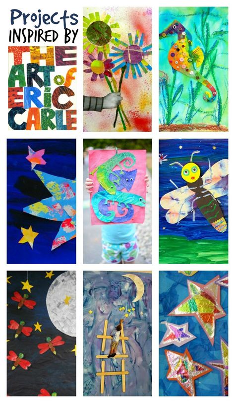 Beautiful art projects inspired by Eric Carle books Eric Carle Books, Eric Carle Art, Eric Carle Activities, Kindergarten Art Projects, Ecole Art, Elementary Art Projects, Homeschool Art, E Mc2, Kindergarten Art