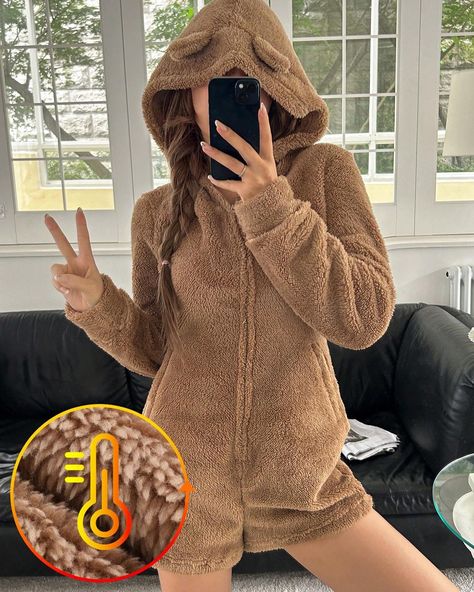 ✨Pre-order only, S(8) - XL(16)✨ Romper Pajamas, Satin Pj Set, Bear Ears, Elegant Dresses Long, Coffee Brown, Cute Bear, Pajama Set Women, Casual Sweaters, Inspiration Mode