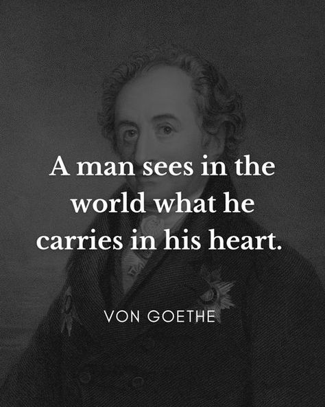 Daily Philosopher on Instagram: ""A man sees in the world what he carries in his heart." | Von Goethe​​​​​​​​ ​​​​​​​​ #dailyphilosopher #philosophy #quoteoftheday #vangoethe #selfimprovement" Goethe Quotes, Quotes Everyday, Fantasy Quotes, Stoic Quotes, Cozy Moments, Philosophical Quotes, Literature Quotes, Philosophy Quotes, Motivational Quotes For Working Out