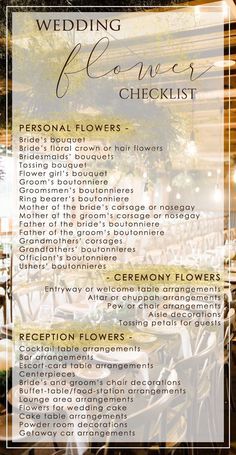 Flower Checklist For Wedding, Who Gets Flowers At Wedding, What Flowers Do I Need For My Wedding, Where Do You Need Flowers At A Wedding, Wedding Do And Donts, Where To Put Flowers At Wedding, Decoration List For Wedding, Wedding Flowers Checklist, Flower List For Wedding