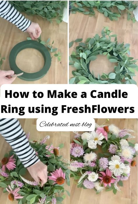 Floral Wreath Table Centerpieces, Floral Wreath Wedding Centerpiece, Fresh Flower Wreath Diy, Greenery Ring Centerpiece, Candle Ring Centerpiece, Ring Flower Arrangement, Ring Floral Centerpiece, Diy Flower Ring Centerpiece, Floral Candle Rings Centerpieces