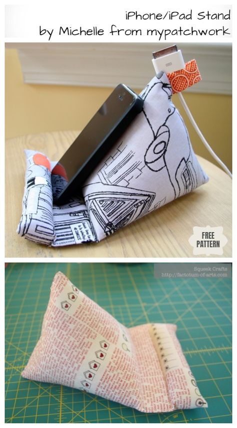 Ipad Rest Pattern, Ipad Bean Bag Pattern, Tablet Stand Diy Sewing, Fabric Cell Phone Holder Free Pattern, Fabric Phone Holder Pattern, Phone Stand Sewing Pattern, Fabric Phone Holder, Office Sewing Projects, Phone Pillow Stand Pattern