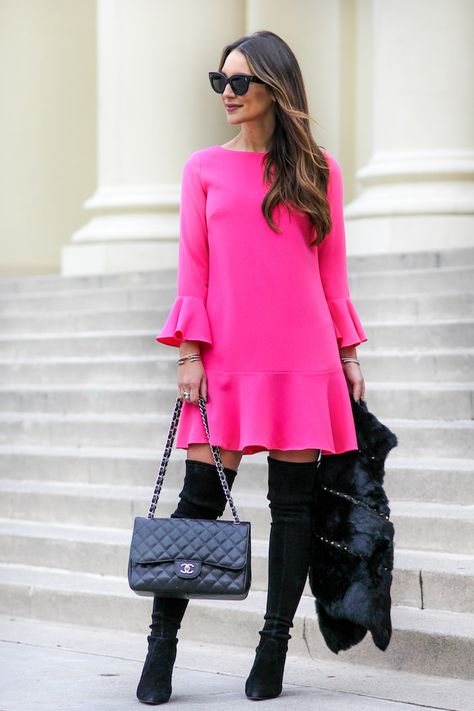 Hot Pink Dress with Bell Sleeves Pink Dress Outfit Casual, Hot Pink Dress Outfit, Hot Pink Outfit, Pink Dress Outfits, Trendy Dresses Summer, Fuschia Dress, Hot Pink Dress, Winter Dress Outfits, Hot Pink Dresses