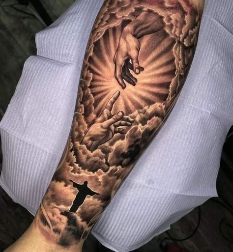 Christian Shin Tattoo, Knee Cap Tattoo Men, Small Arm Tattoos For Guys, Small Hand Tattoos For Guys, Christus Tattoo, Cloud Tattoo Sleeve, Arm Tattoos For Guys Forearm, Tato Salib, Tattoos Drawing