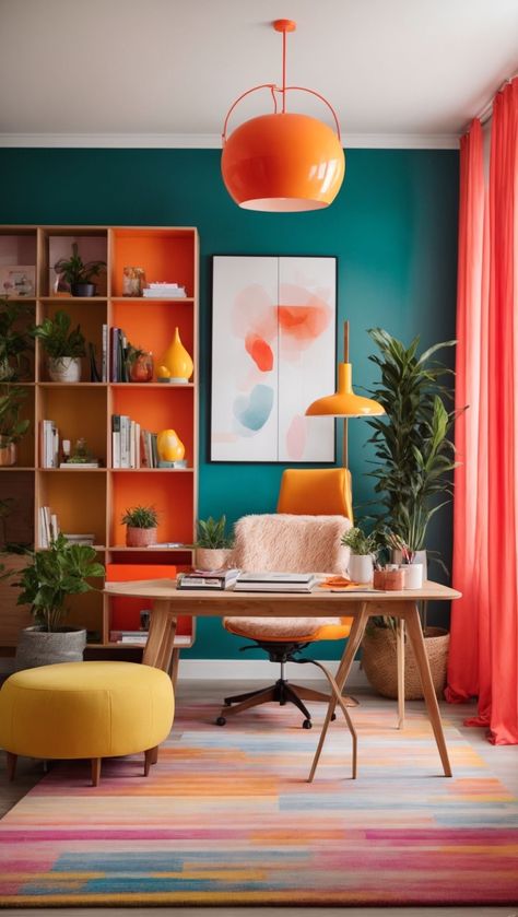 Colorful Office Space Bohemian, Bright Office Interior Design, Home Office Bold Colors, Home Office Funky, Fun Home Office Design, Colourful Workspace, Bright Office Decor, Funky Home Office, Home Office Orange