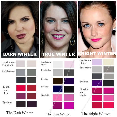 Winter Makeup Comparisons: Dark Winter; True Winter; Bright Winter. Notice how the True Winter in the middle has noticeably cool, pink undertones compared to the others who are neutral/cool. Makeup swatches courtesy via 12blueprints.com Deep Winter Color Palette Pink, Cool Winter Blush Colors, Make Up For Cool Winter, Deep Winter Pink Palette, True Winter Makeup Palette, Deep Winter Blush Color, Deep Winter Neutral Colors, Bright Winter Colour Palette, True Winter Vs Bright Winter