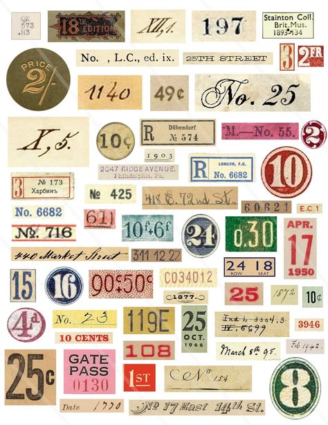 Random Numbers, Junk Journal Tags, Embellishments Diy, Number Labels, Etiquette Vintage, Journal Tags, Vintage Numbers, Journal Making, Printable Collage Sheet