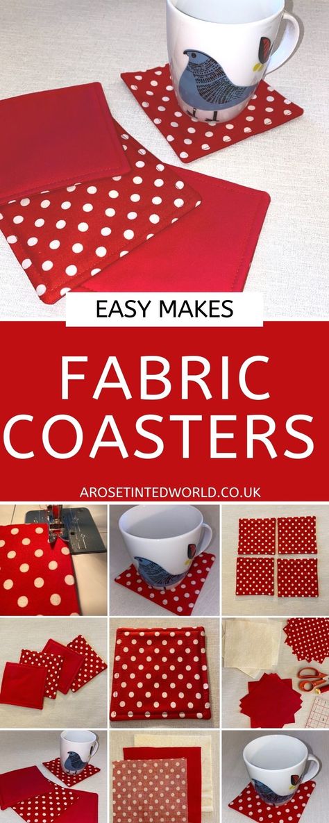 How To Make Easy Fabric Coasters ⋆ A Rose Tinted World Holiday Fabric Crafts, Mug Rug Tutorial, Quilted Coasters, Halloween Sewing, Mug Rug Patterns, Holiday Sewing, Sewing Machine Projects, Scrap Fabric Projects, Apron Sewing Pattern