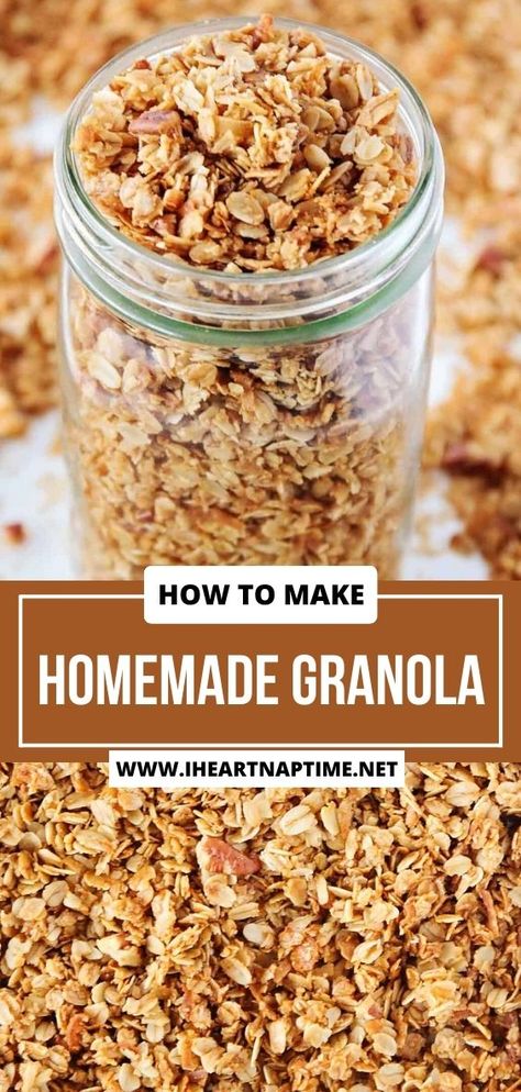 This is the ultimate homemade granola recipe. Made with simple pantry staples like oats, honey, coconut, pecans, and spices, it’s ideal for snacking, breakfast, or dessert. Follow the foolproof instructions to make homemade granola with your favorite mix-ins. Honey Oats Granola, Easy Baked Granola, Homemade Oats And Honey Granola, Homemade Granola With Honey, Granola Made With Honey, Making Your Own Granola, Homemade Granola Cereal Recipes, Granola Recipe No Coconut Oil, Simple Homemade Granola