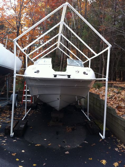 Boat Cover Support Ideas, Boat Cover Support, Boat Diy, Boat Storage, Diy Boat, Boat Ideas, Boat Lift, Overhead Storage, Boat Covers